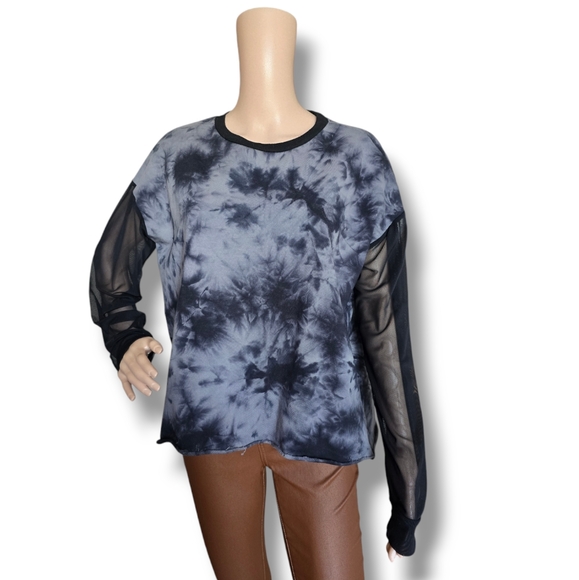 HOT TOPIC Ladies Gray & Black Mesh Sleeve Tie Dye Sweatshirt - Picture 14 of 16
